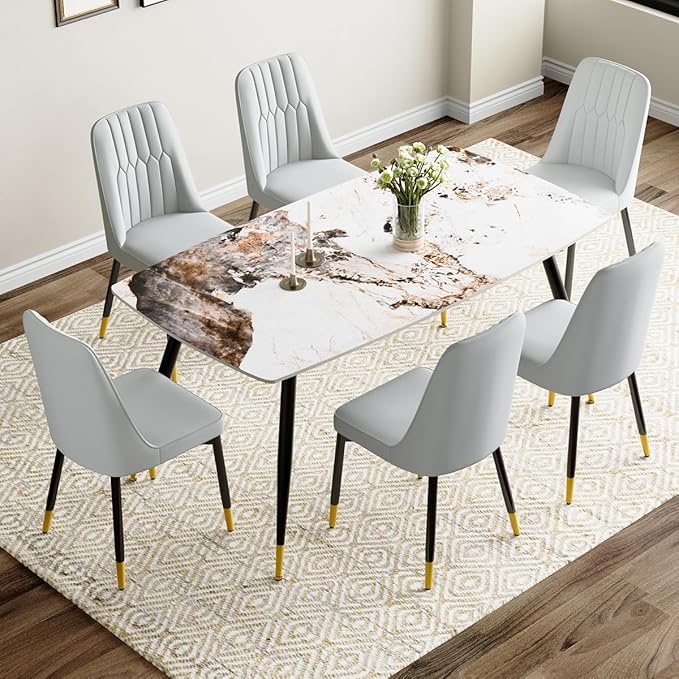 6 Person Dining Table Set, Sintered Stone Dining Table Set for 6, Kitchen Table Chairs Set of 6, Easy to Assemble