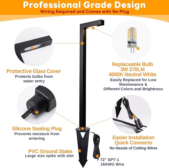 Brass Black Low Voltage Garden Lights, Outdoor Landscape Pathway Light, 12V LED AC/DC Bronze L Shape Path Lamp for Sideway House Walkway with 3W 270LM 4000K G4 Bulb 8 Pack