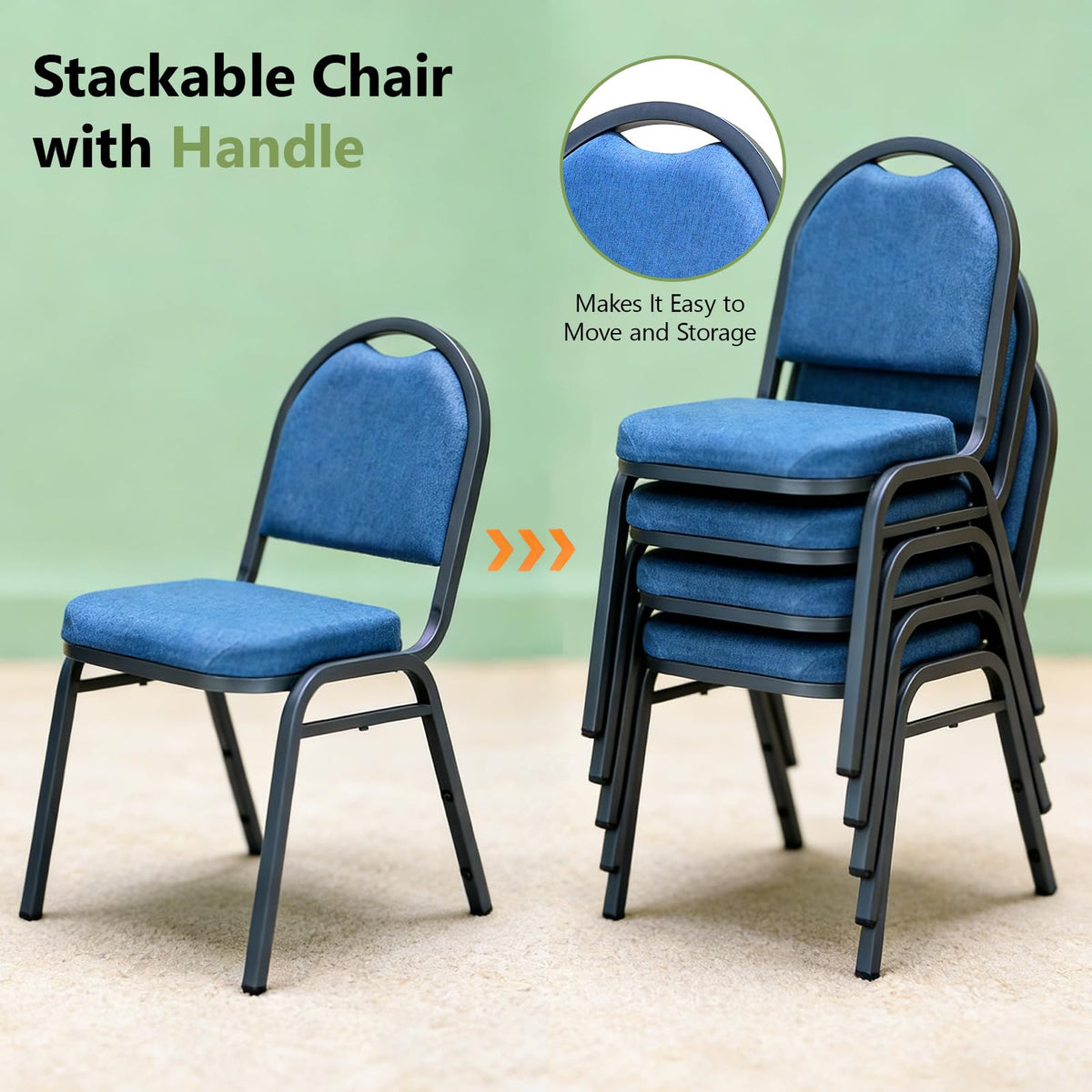 MAKE CHANGES Stackable Banquet Dining Chairs 4 Pack, Upholstered Crown Back Event Chairs with Blue Fabric Seat, Heavy Duty Steel Frame, 300 lb Capacity, No Assembly, for Restaurant Wedding Conference