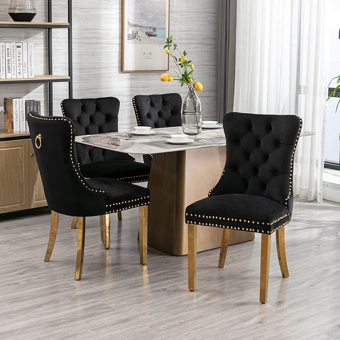 Luxury Upholstered Dining Chairs Set of 8, Black Kitchen Chair with Golden Metal Legs, Velvet Tufted Back Dining Chair, Sillas de Comedor, Modern Kitchen & Dining Room Chairs (Black, 8 Pcs)