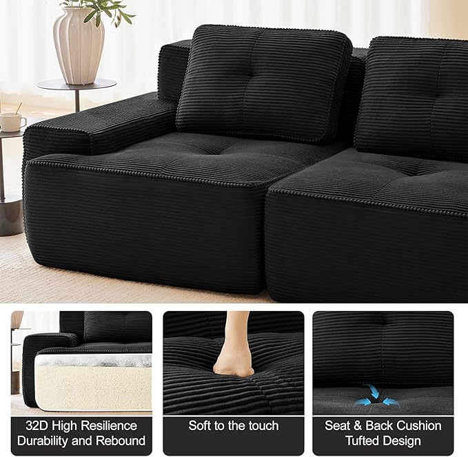 150" Modern Corduroy Cloud Sofa with Ottoman, U Shaped Boneless Modular Large Sectional Couches for Living Room, Black 4 Seater Compressed Memory Foam Couch, Extra Deep Seat, No Assembly