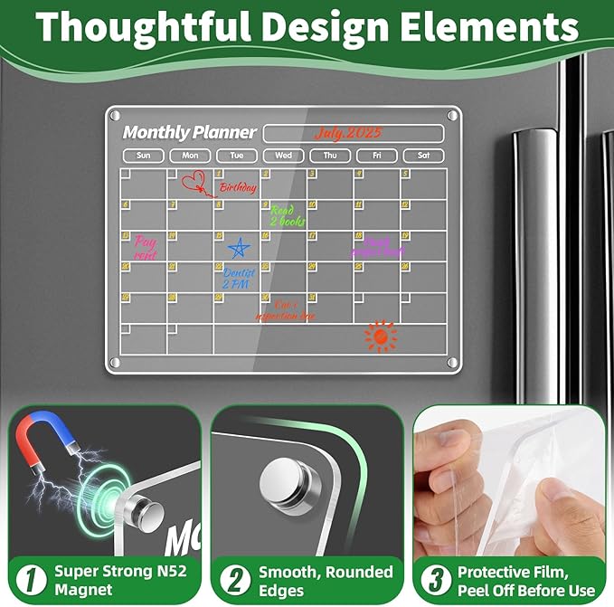 FINDMAG Acrylic Dry Erase Magnetic Calendar for Fridge, Magnetic Calendar for Refrigerator, Clear Monthly and Weekly Meal Planner Fridge Magnets, Chore Chart for Kids with 8 Colors Markers