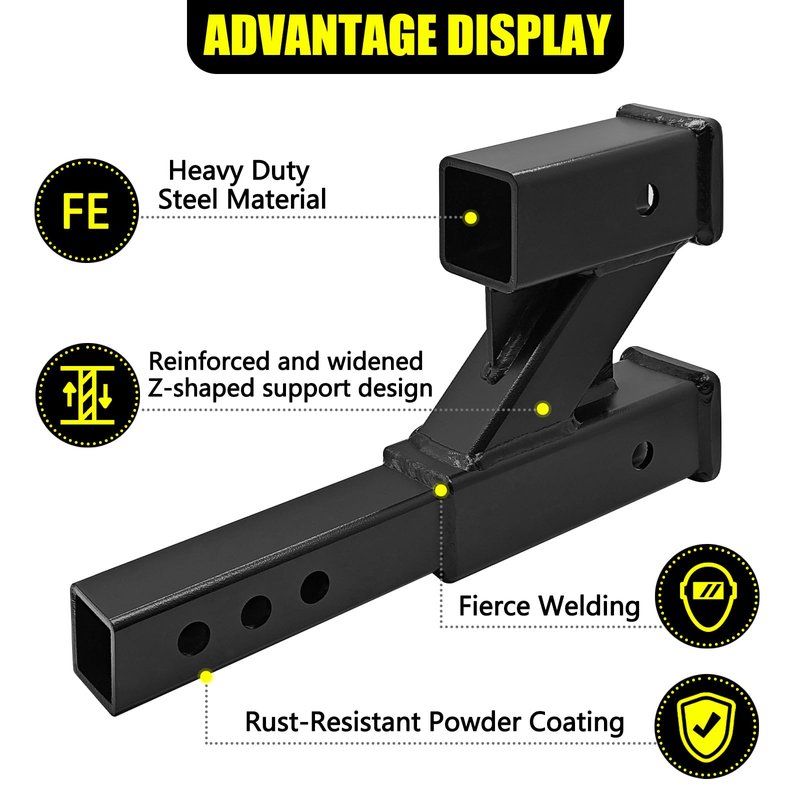 KAIRAY Double Hitch Receiver, 2 inch Trailer Dual Hitch Extension Riser, Hitch Adapter Fits for 2 inch Receiver Extender to 10 inch Max Length, 6 Inch Riser/Drop