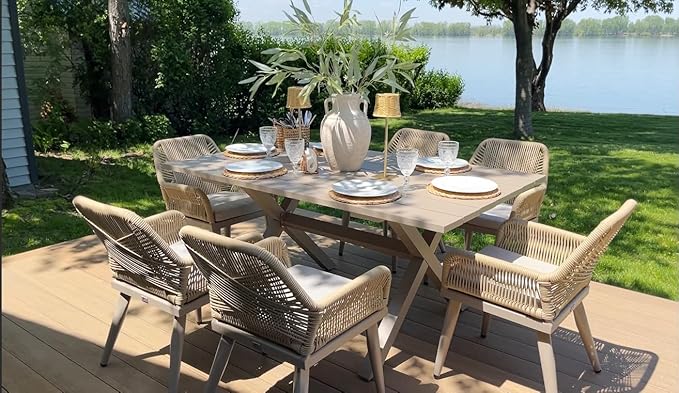 PURPLE LEAF 7 Pieces Outdoor Dining Set All-Weather PE Rattan Outdoor Patio Furniture Set with All Aluminum Frame Rectangular Table and Chairs Set for Lawn Garden Backyard Deck, Champagne