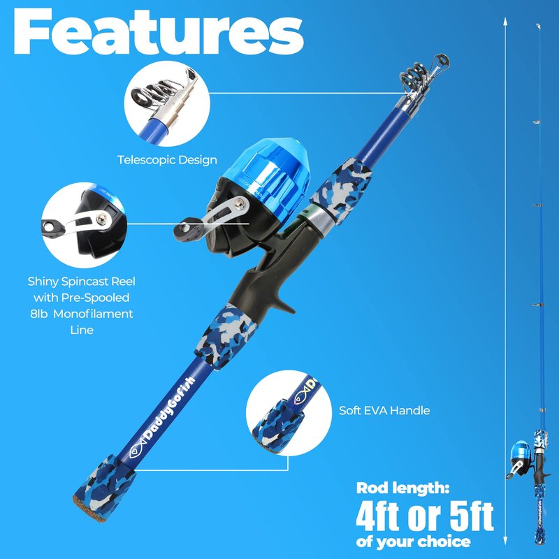 DaddyGoFish Kids Fishing Pole - Rod Reel Combo Tackle Box Starter Set - First Year Small Dock Gear Kit for Boys Girls Toddler Youth Age Beginner Little Children Junior Anglers (2 Pack Blue + Blue 4ft)