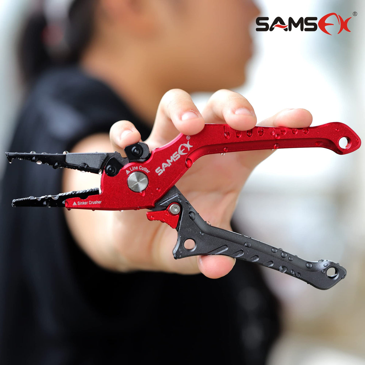 SAMSFX Aluminum Fishing Pliers Hook Remover Braid Line Cutter with Coiled Lanyard, Fly Fishing Knot Tying Tool & Retractors (Gray & Red Handle, Split Ring Nose)