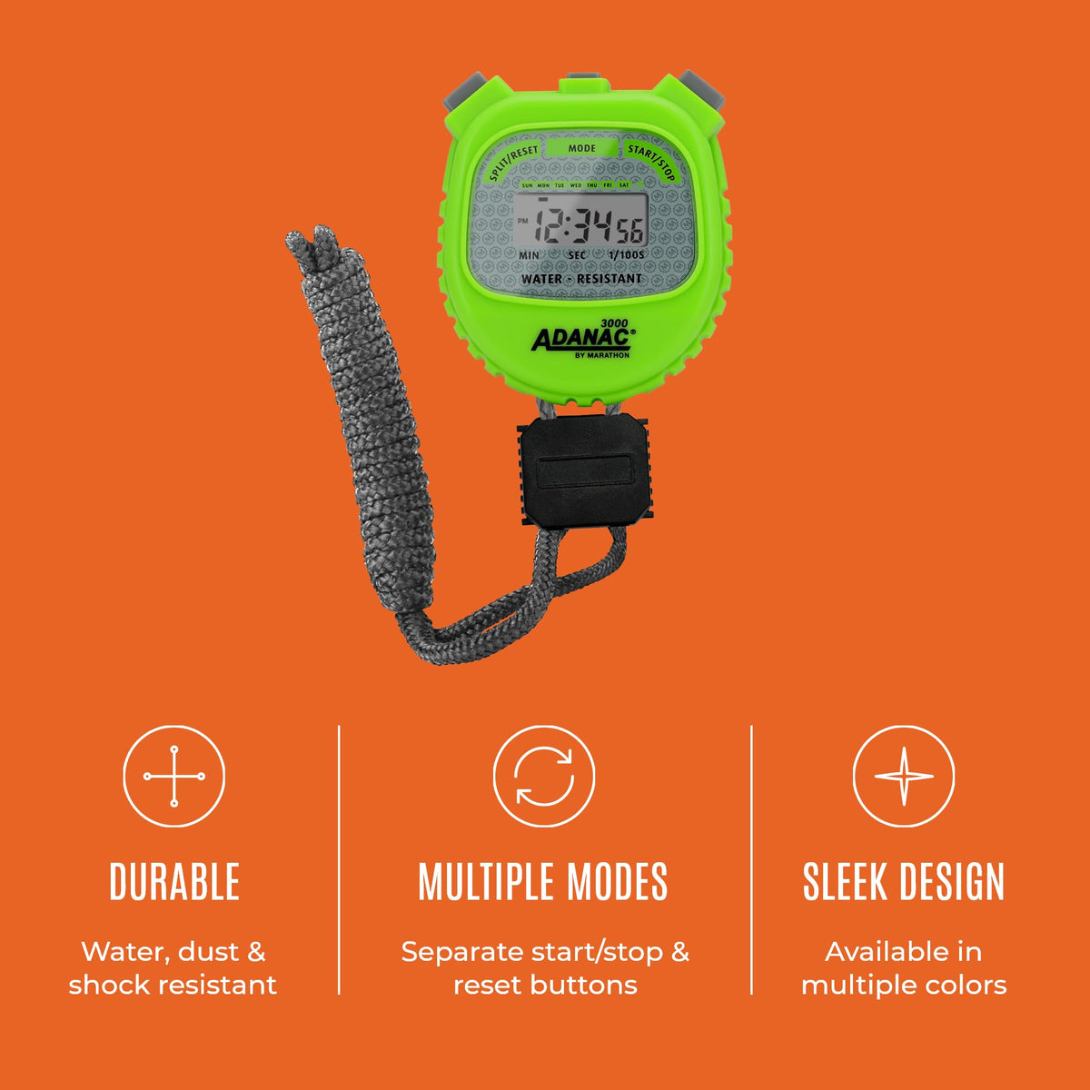 Marathon Adanac 3000 Digital Stopwatch Timer, Neon Green - High Precision Accuracy to 1/100th Seconds - Water, Dust & Shock Resistant - 46” Lanyard Included