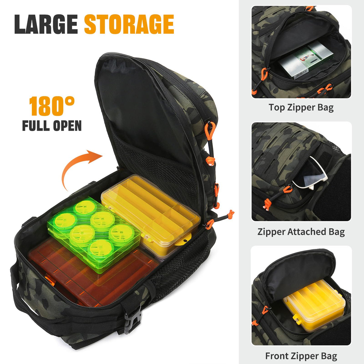 HUNTVP Fishing Sling Bag Lightweight Tackle Bag Small Fishing Backpack Tactical Shoulder Sling Bags with Rod Holder, Storage Gear and Equipment, Gifts for Men (Camo)