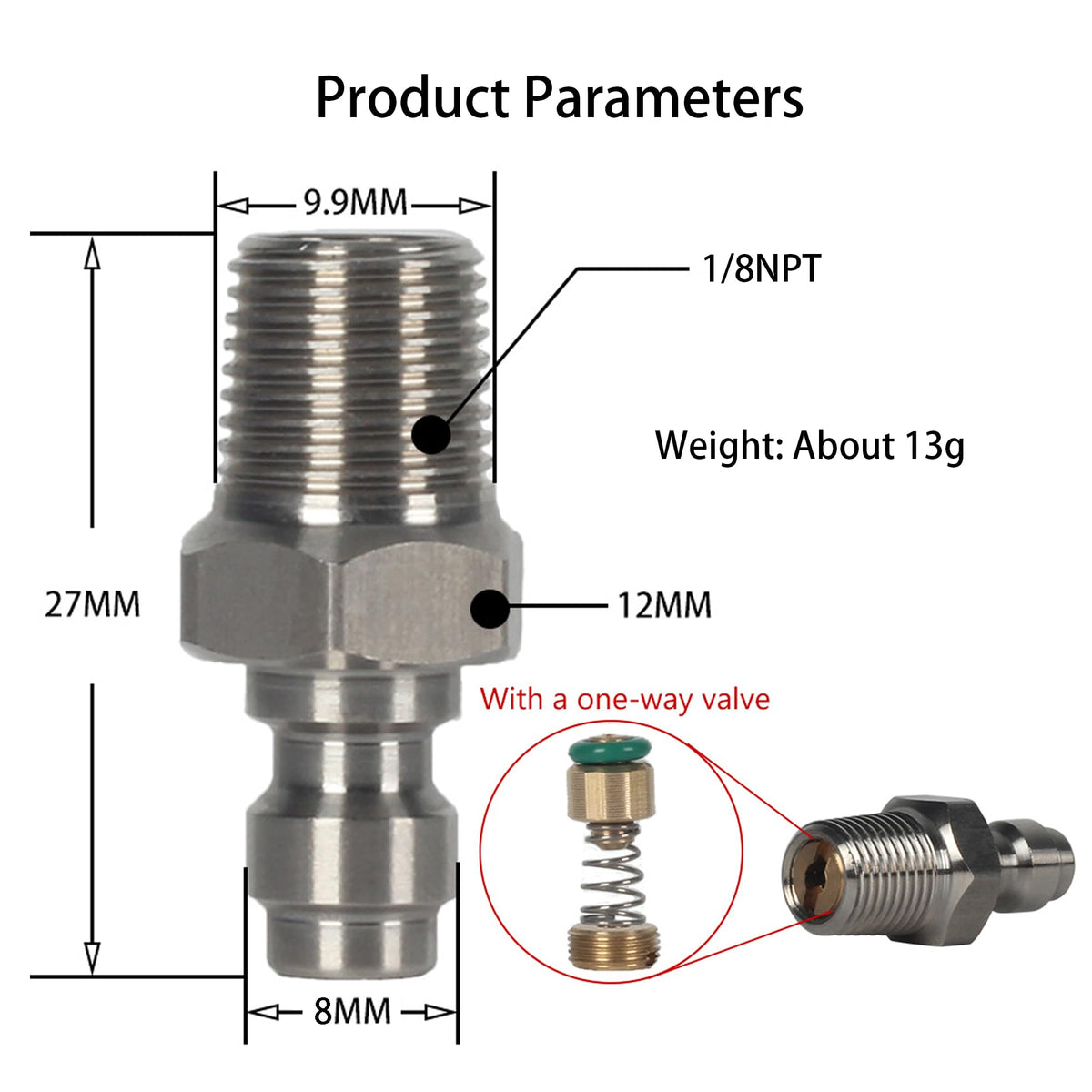 HMKUGO 2PCS 8mm Quick-Disconnect Plug Adapter, Stainless Steel 1/8" NPT Male Thread PCP Paintball Charging Fittings with Sealing O-Ring