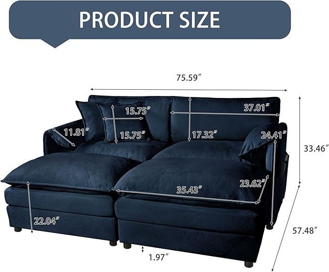 Loveseat Deep Seat Sectional Sofa Cloud Couch, Modern Chenille Comfy Upholstered Modular U Shaped Couch for Living Room, Apartment, Office (Blue, 75.59 Inch-U Shape)