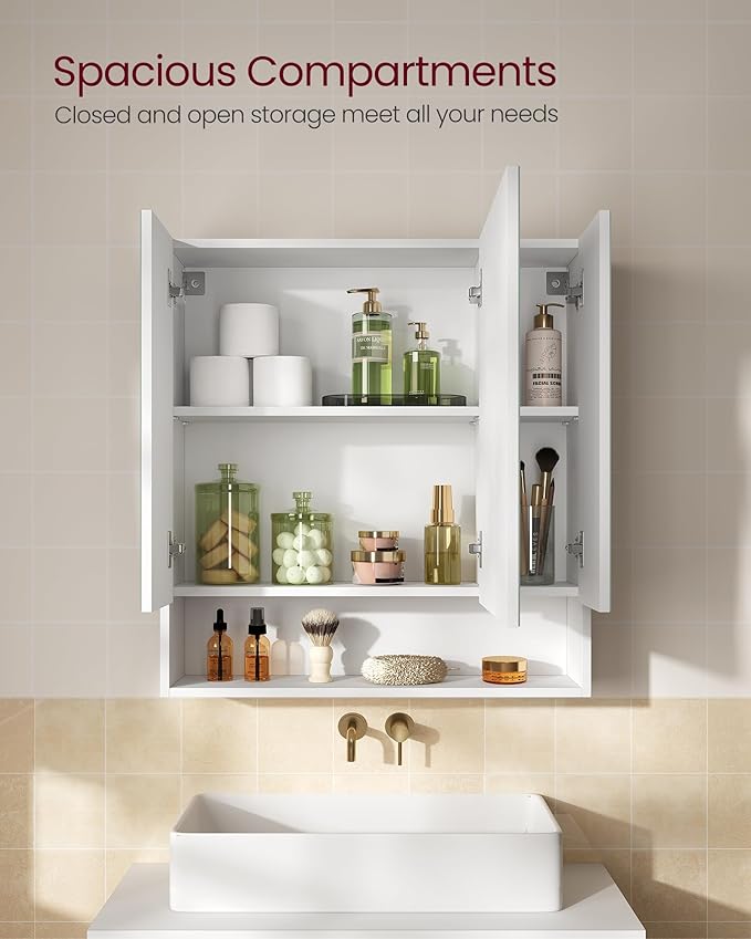 VASAGLE KAILYN Collection - Medicine Cabinet Mirror, Bathroom Wall Mirror Cabinet with Storage, Open Compartment, Adjustable Shelves, 6.5 x 27.6 x 29.5 Inches, Cloud White UBBK129W01