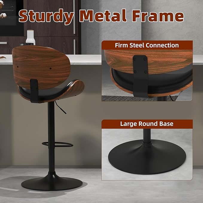 civama Bar Stools Set of 4 for Kitchen Counter, Adjustable Bar Height Chairs, Modern Swivel Barstools with Bentwood Seat and Back with Footrest for Kitchen Island, Dining Room, Black PU Leather