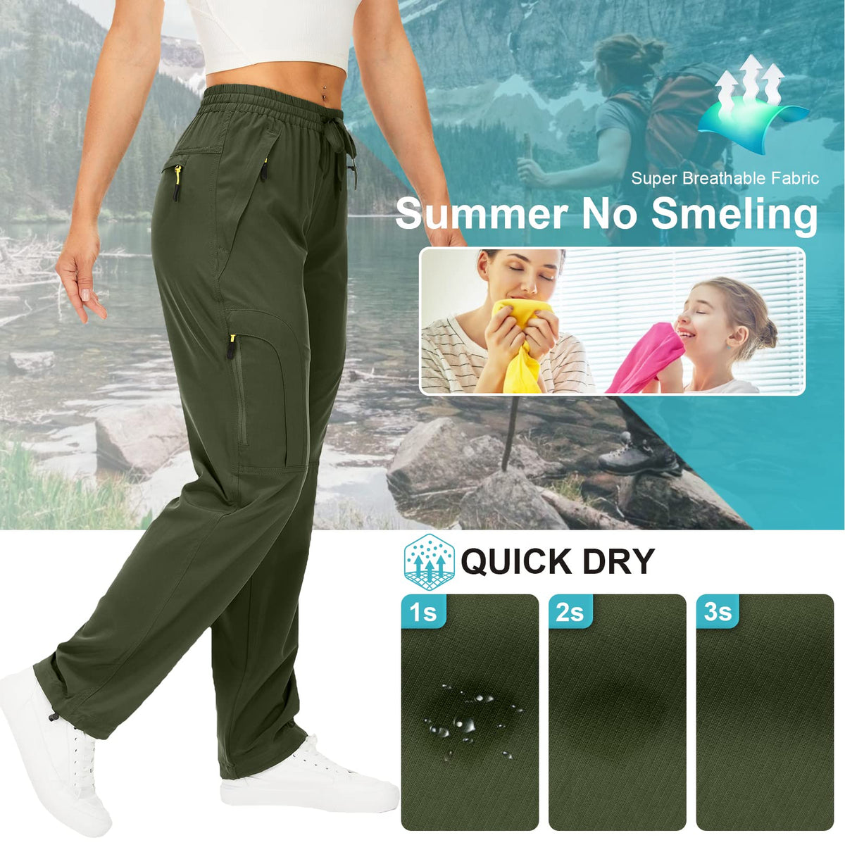 Toomett Women's Hiking Pants Safari Quick Dry UPF 50 Travel Golf Pants Lightweight Camping Work Cargo Pants Zipper Pockets,6608,Army,XL