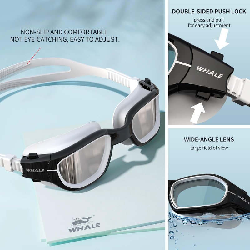 Whale Polarized Swim Goggles, GE Anti-Fog Anti-UV Protection No Leaking Swimming Pool Goggles for Men, Women, and Youth (（Polarized） Classic black and white + Glamour silver)