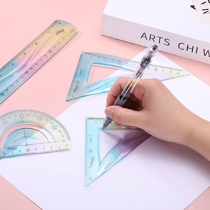 HARFINGTON 4pcs Triangular Ruler Set 20cm Plastic Flexible Straight Metric Soft Bendable Ruler Geometric Protractor Triangle Rulers for Home Office