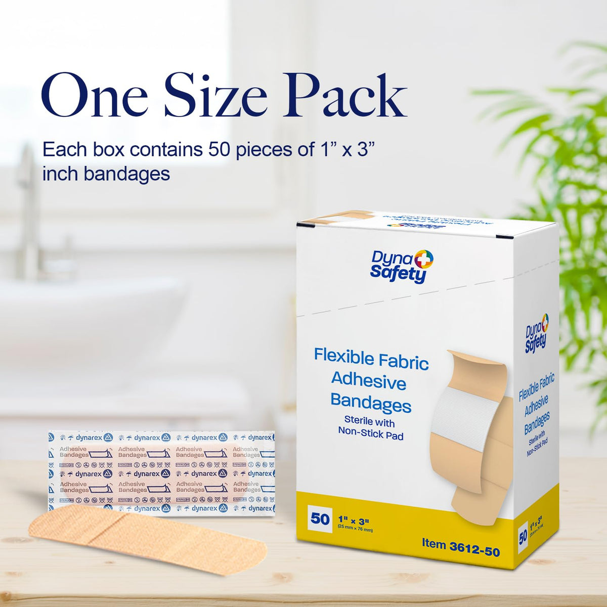 Dynarex Sterile Adhesive Fabric Bandages – 1" x 3" Flexible Wound Dressing for Minor Cuts, Breathable Material, Secure Fit with Non-Stick Pad, 1 Box of 50
