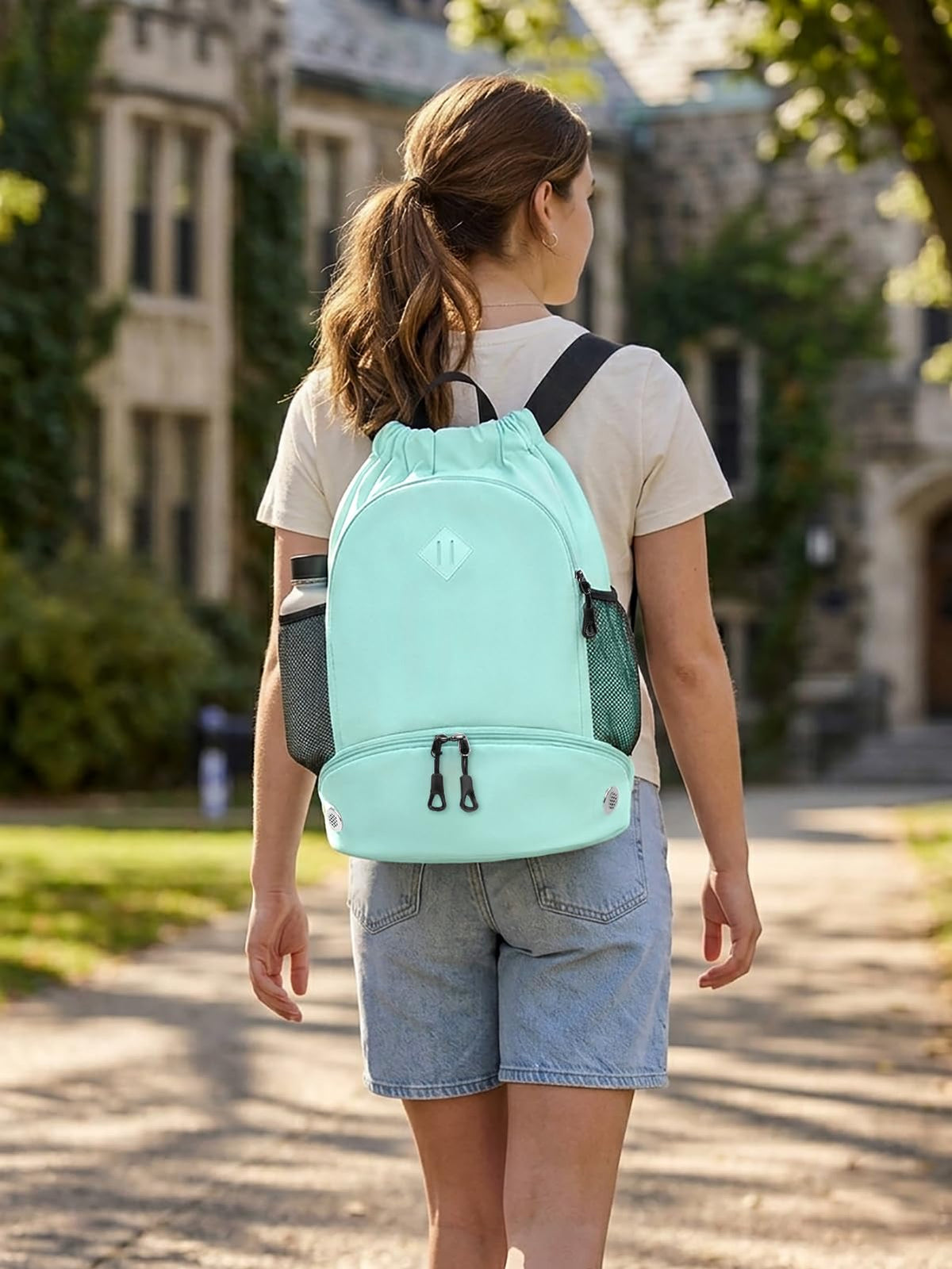 RHDZO Drawstring Backpack Gym Backpack with Shoe Compartment for Men Women String Sports Bag with Wet Pocket Cinch Swim Beach Bag, Large Mint Green