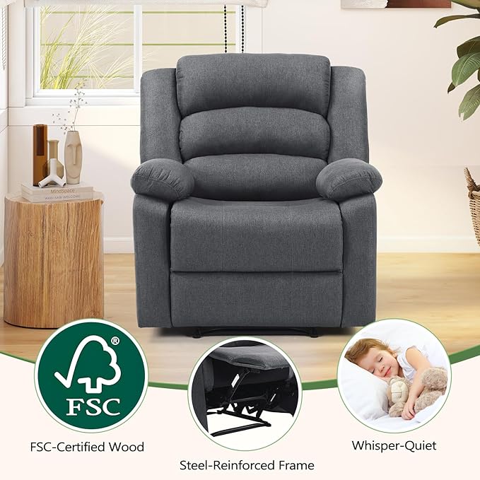 ANJ Fabric Recliner Chair Set of 2, with Overstuffed Arm and Back, Comfy Gray Manual Reclining Chairs for Adults, Living Room Single Sofa Recliners