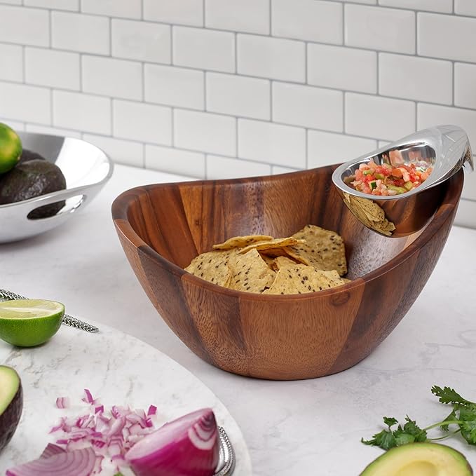 Nambé Harmony Chip & Dip Serving Bowl 12” x 6.5”, Acacia Wood with Removable Dip Dish for Chips & Salsa, Appetizers & Snacks, Party & Entertaining, Kitchen & Dining, Buffet & Snack Bowls