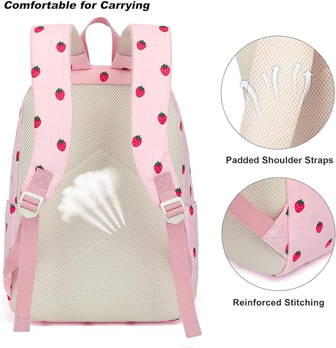 Corduroy Girls Backpack Set, 3PCS School Backpacks for Kids Elementary Middle School Bags with Lunch Box Pencil Case (Pink Corduroy Strawberry)