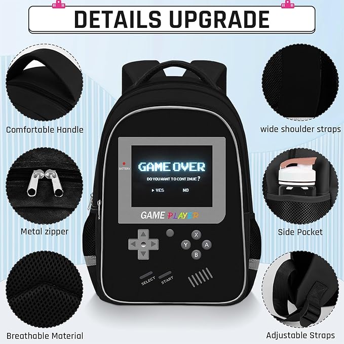 Backpack for School Boys,Gamer Boys Backpack for Elementary Middle School,Student Bookbag for Ages 6-18 Kids Children Teens,17″ Video Game Bookbag Travel Back Pack