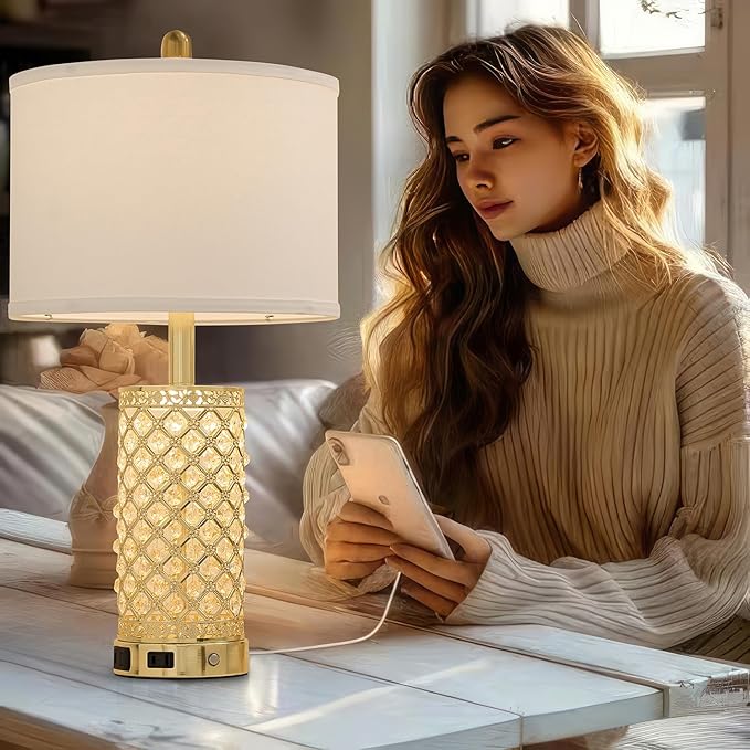Crystal Table Lamps Modern 3-Way Dimmable Bedside Lamp with 2 USB Ports & AC Outlets for Living Room Bedroom Nightstand Lamp Night Light (Gold- 1 Pack 24In)