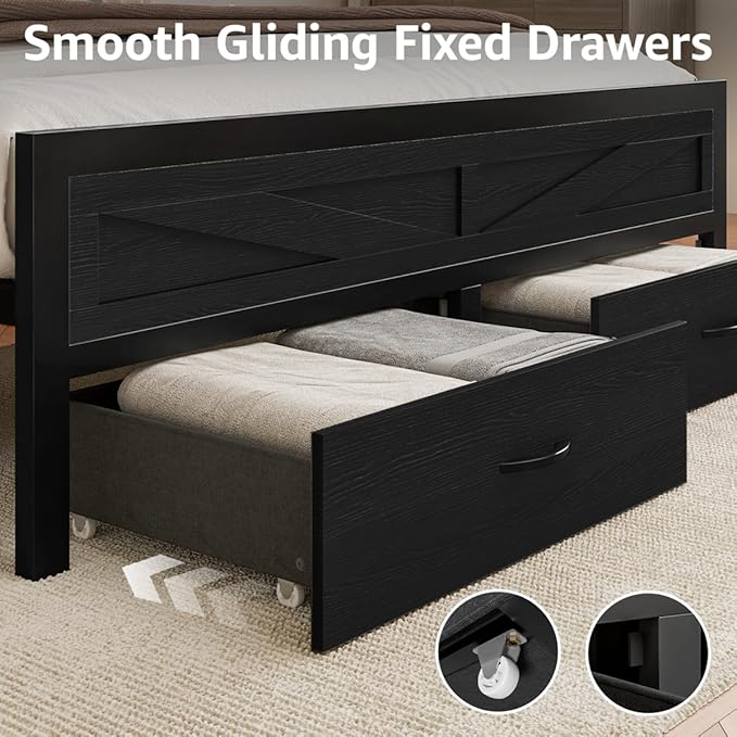 Rustic Queen Bed Frame with Storage Drawers and Barn Door Headboard, Farmhouse LED Bed Frame Queen Size with Charging Station, Metal Industrial Platform Bed Frames, No Box Spring Needed, Black
