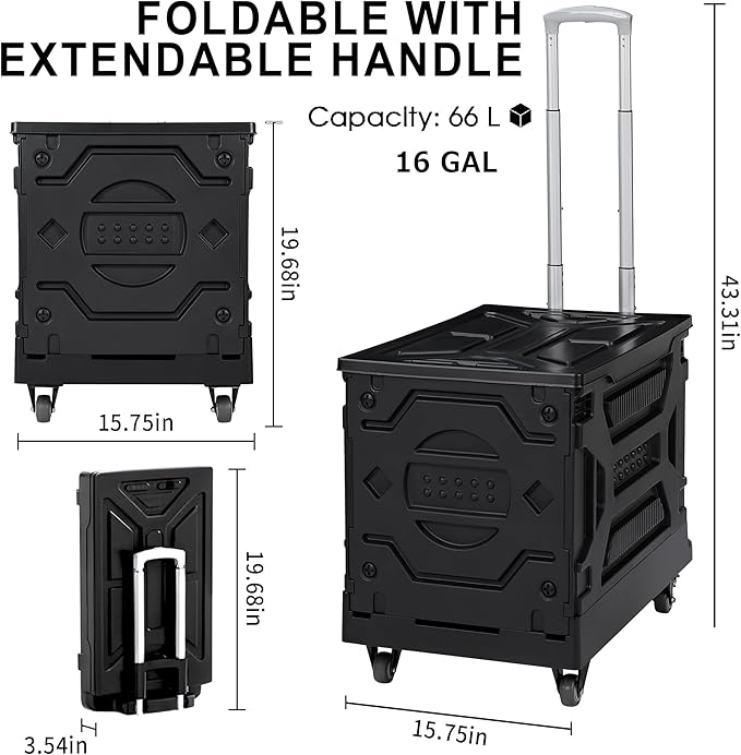 VECELO Rolling Carts with Wheels, Foldable Utility Cart, Light Weight Platform Trucks Dolly, with Recessed Design for Lids, 4 Heavy Duty Wheels, Ideal for Shopping, Camping, Teachers, Elegant Black