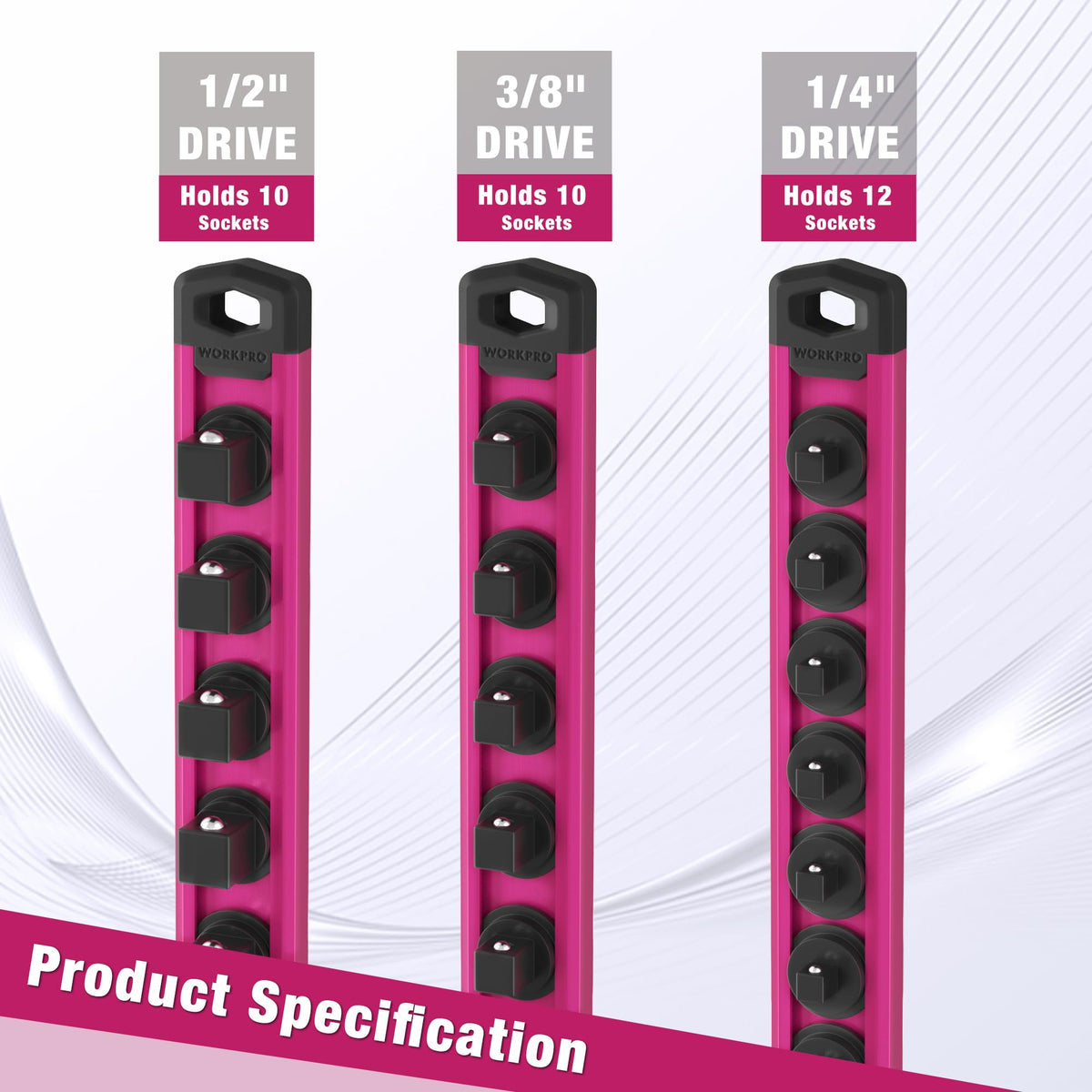 WORKPRO Magnetic Socket Organizer, 1/2-Inch Drive Aluminum Alloy Socket Rail, Heavy Duty Socket Holder, Socket Rack Kit 1/2-Inch x 10 Clips Rose Red(Socket not Included)