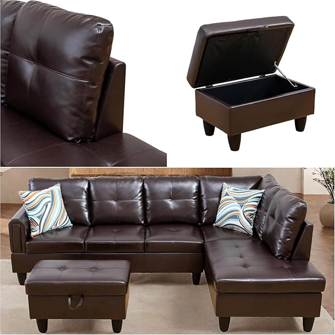 Large Storage Ottoman Sectional Sofa, L-Shaped Couch with Reversible Chaise, Space Saving Design, Gray Fabric with Accent Pillows. (Leather)