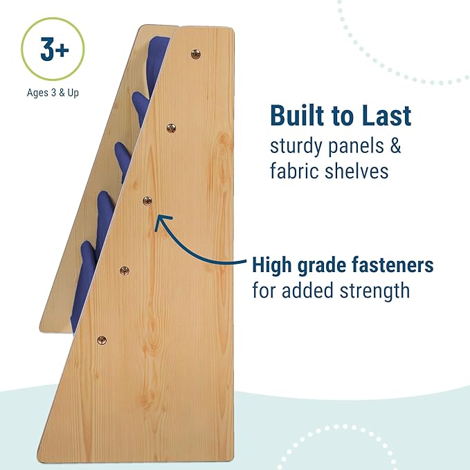 Wildkin Wooden Sling Bookshelf for Kids – Premium Canvas Design with 4 Fabric Shelves, Organizer for Home or Classroom - Natural w/Dark Blue