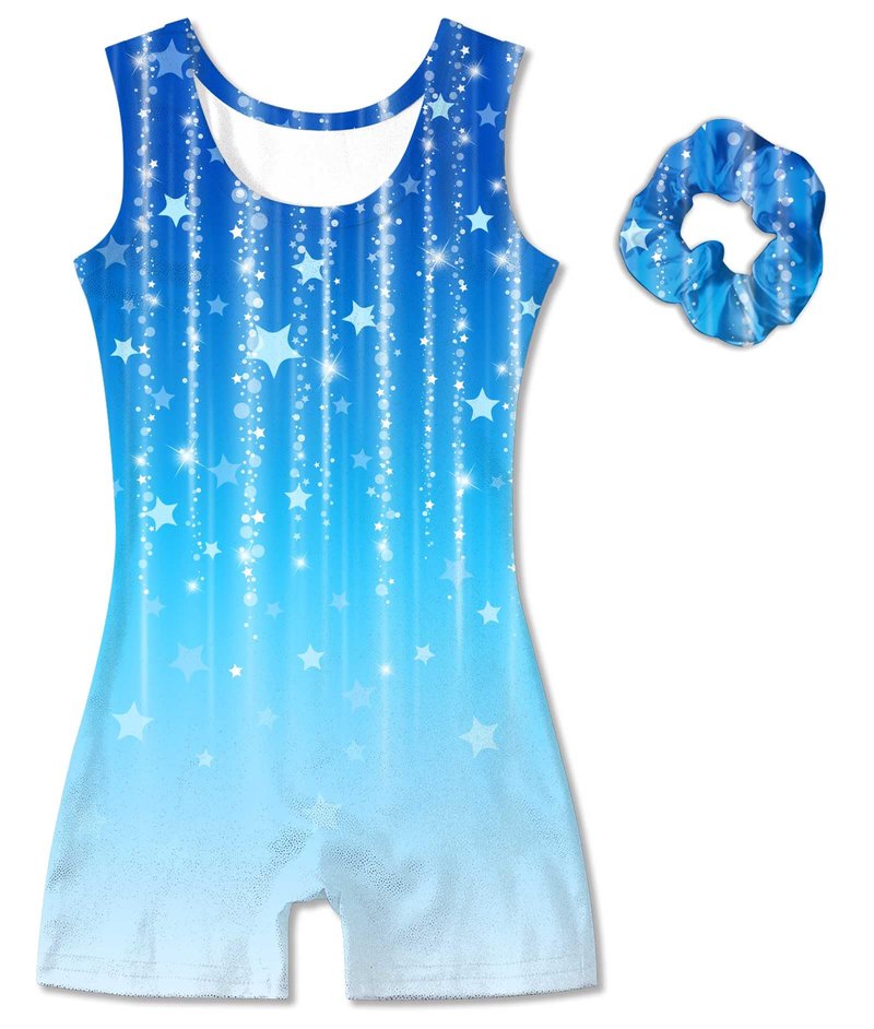 Vogseek Gymnastics Leotards for Big Girls Size 12 Blue Stars Sparkle Ballet Dancewear Sets with Hair Scrunchine Quick Dry Drift 2PC Classic 3D Printed Shiny Dots Tumbling Outfits