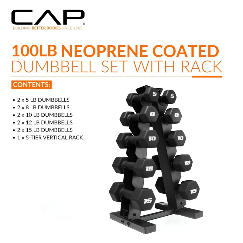 CAP Barbell 100 lb Neoprene Hex Dumbbell Weight Set with Vertical A-Frame Rack - Black