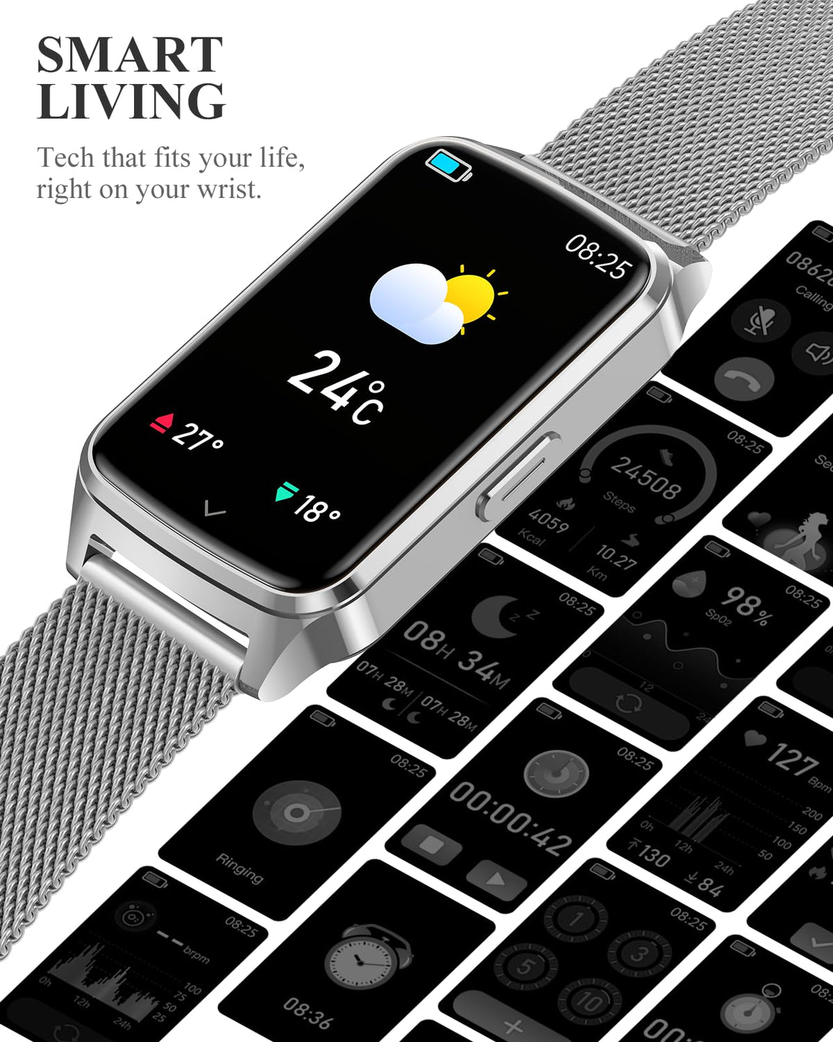 ChronArk Fitness Tracker Watch for Women Men, Step Counter Compatible with iPhone Android, IP68 Waterproof Activity Tracker with Sleep Monitor, 110+ Sports Pedometer (Cold Steel Silver, 1.57)