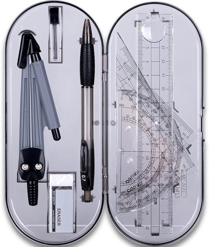 Math Geometry Kit Set 8 Pieces Student Supplies with Shatterproof Storage Box & Reusable Pouch,Includes Rulers,Protractor,Compass,Pencil,Eraser.for Students and Engineering Drawings