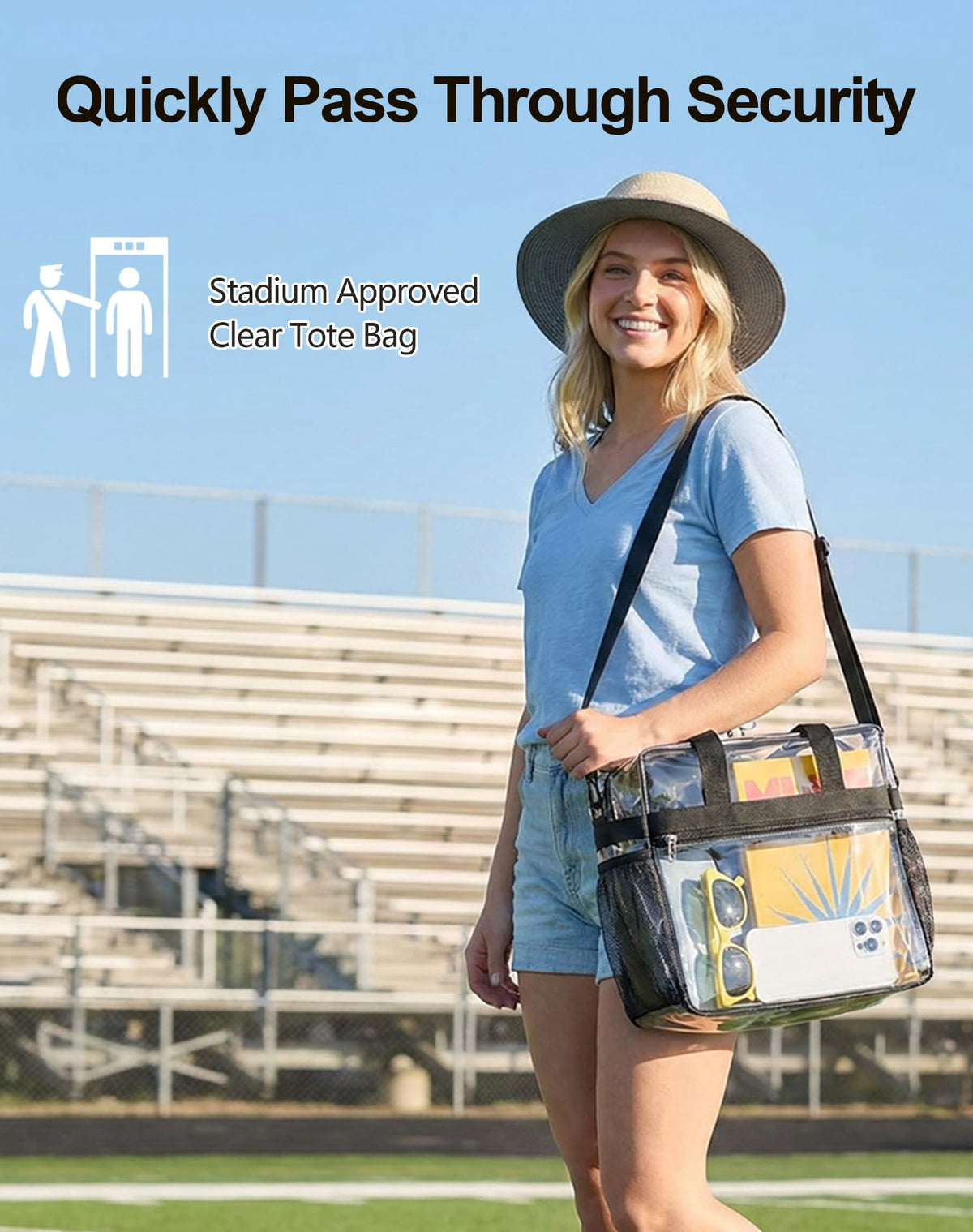 Lyingflat Clear Bag for Stadium Events Founctional 12x6x12 Stadium Approved Clear Tote Bag with Adjustable & Detachable Strap Black