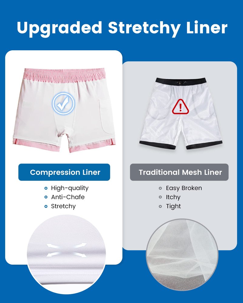 maamgic Mens Swim Trunks with Compression Liner 5 Inch, Quick Dry Bathing Suit with Zipper Pockets, Stretch No-Chafing Swim Shorts, Pink White Stripe Medium