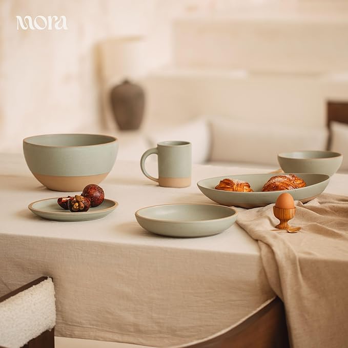 MORA Medium Dishes Set of 4, 30oz Ceramic Pottery Pasta Plate/Wide Bowls - Microwave, Oven and Dishwasher Safe - Harvest