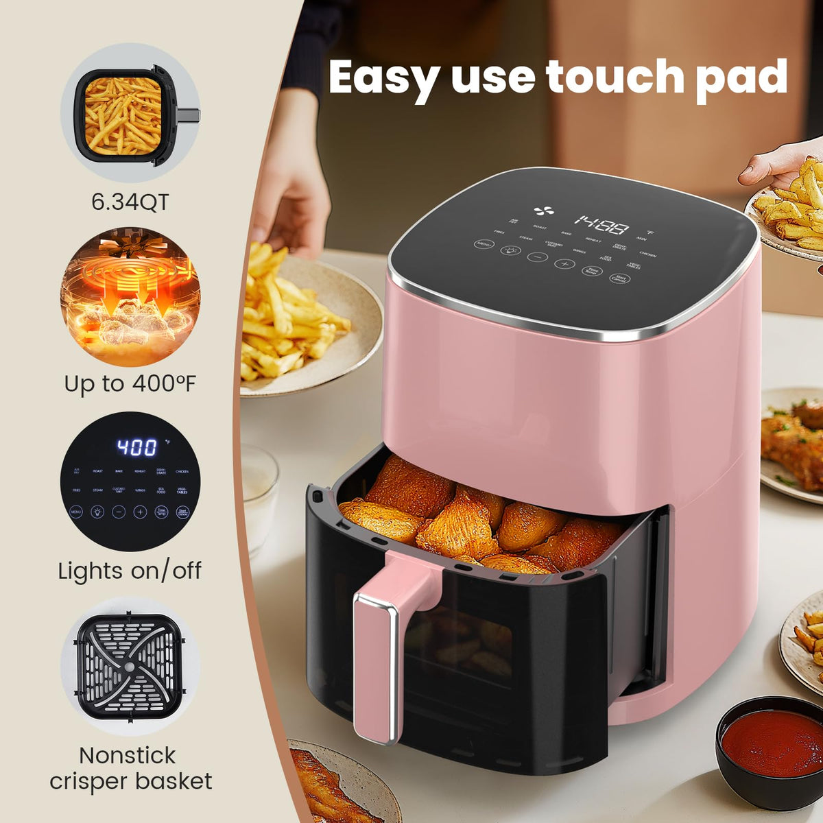 Sweetcrispy Air Fryer 6QT with Window, Square Airfryer Oven 12-in-1 for Family, 400°F Rapid Air Crispy Technology, Roast Bake Dehydrate, Nonstick & Easy-Clean Basket,Grey