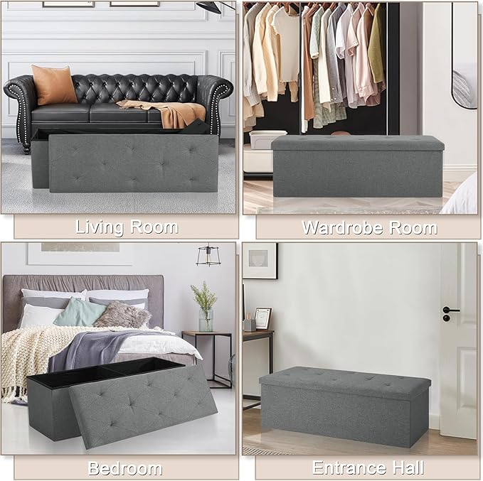 VECELO 43'' Folding Storage Ottoman Bench, Storage Chest, Linen Fabric Foot Rest Stool, 158L Storage Footstools for Bedroom and Living Room, Holds up to 660 lbs, DGRY