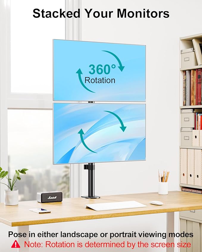 MOUNT PRO Vertical Dual Monitor Stand, Stacked Monitor Mount for 2 Monitors Up to 32 inches, Computer Monitor Arm with Swivel, Tilt, Height Adjustable, Each Monitor Desk Mount Holds up to 17.6 lbs