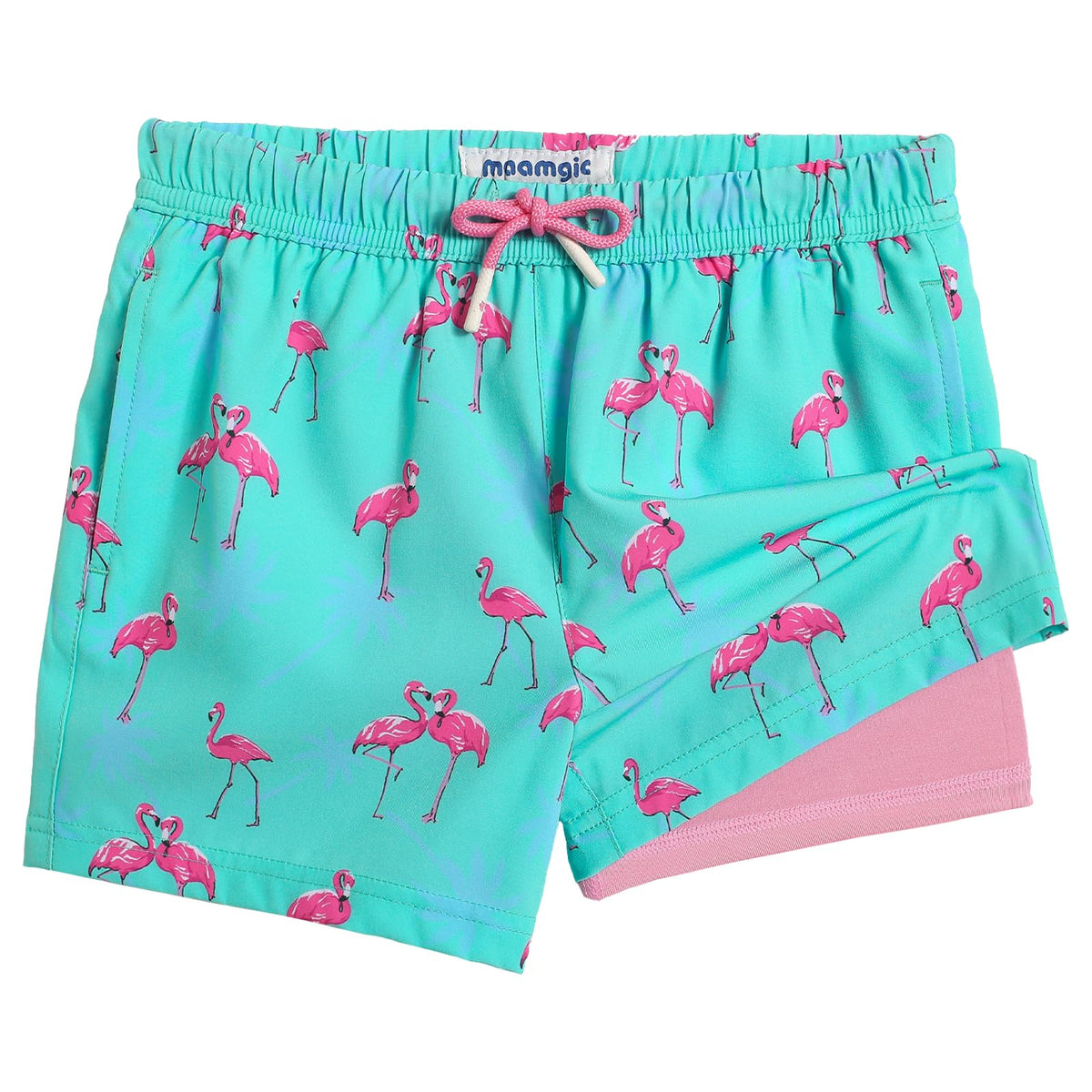 maamgic Boys Swim Trunks with Compression Liner Toddler Stretch Swim Shorts Quick Dry Swimming Trunks Boxer Brief 2 in 1 Beach Shorts Blue Flamingos 2T