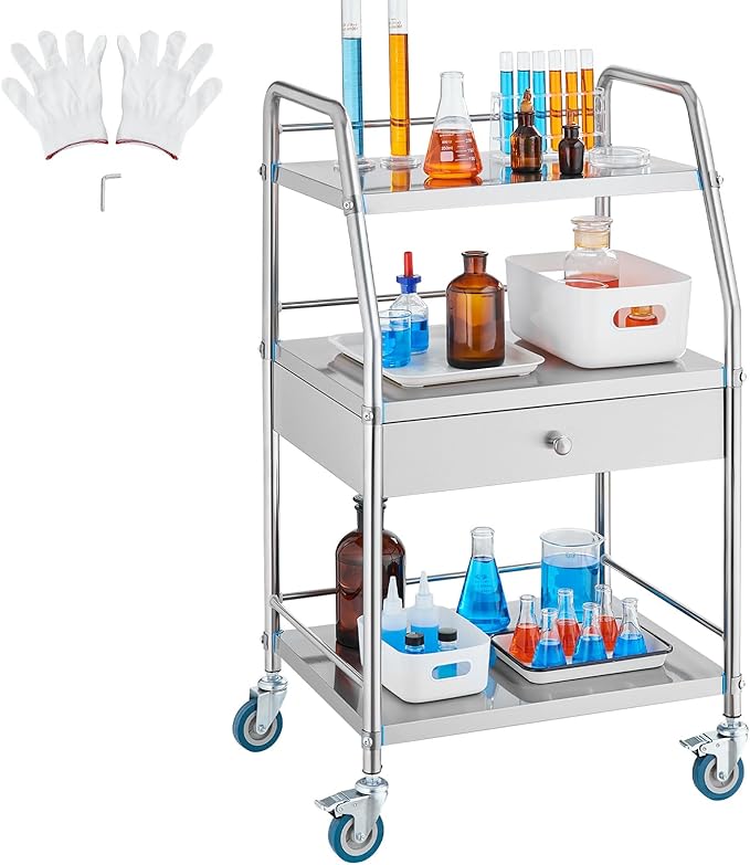 VEVOR Service Cart, 3 Layers Stainless Steel Utility Rolling Cart with Drawer, Lockable Wheels, Ideal for Laboratory, Hospital, Dental Use