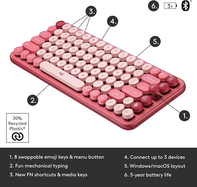 Logitech POP Keys Mechanical Wireless Keyboard with Customizable Emoji Keys, Durable Compact Design, Bluetooth or USB Connectivity, Multi-Device, OS Compatible - Heartbreaker Rose