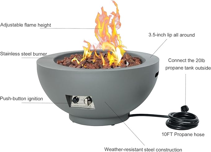 28-Inch Propane Fire Pit with Natural Gas Conversion Kit, 58,000 BTU Round Gas Fire Pit Table, Outdoor Fire Bowl Firepit with Lid, Lava Rocks, Cover, Pre-Attached 10FT Propane Hose, Gray