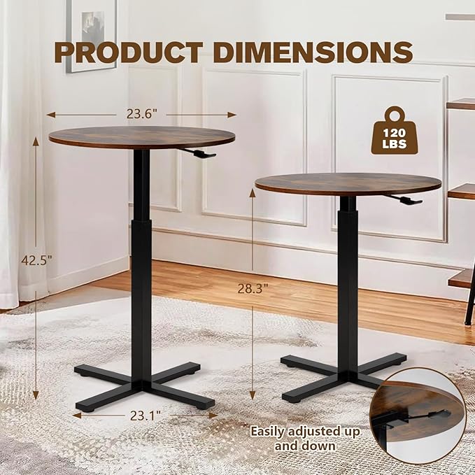 Bar Table,Round Dining Table with Height Adjustment,23.8-Inch Top, 41 Inch Adjustable Range, Comes with 4 Wheels, Ideal for Small Bar & Café(Rustic Brown), Set of 1