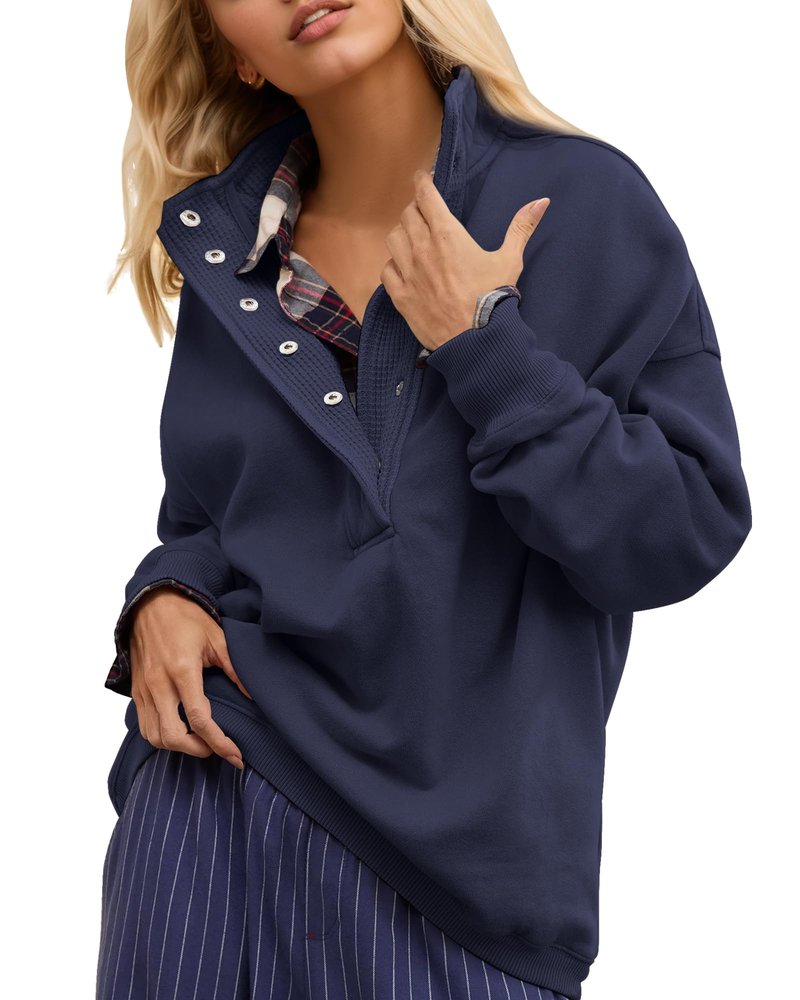 Gacaky Sweatshirt for Women Oversized Casual Long Sleeve Button Henley Neck Pullover Tops Fashion Outfits Clothes Navy L