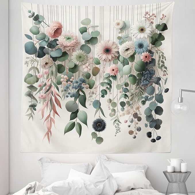 Ambesonne Flower Tapestry Queen Size, Modern Lines Leafy Eucalyptus Pattern with Tender Sunflower and Peony, Wall Hanging Bedspread Bed Cover Wall Decor, 88" X 88", Grey Teal Laurel Green