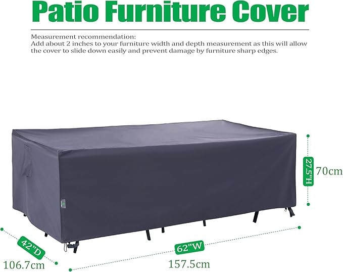 F&J OUTDOORS Patio Outdoor Patio Table Cover 62 x 42 x 27.5 inches, Waterproof UV Resistant Snow Protection for Rectangular Dining Table, Grey