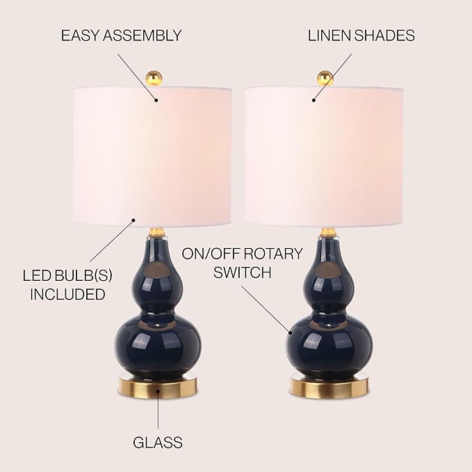 JONATHAN Y 20.5" Navy Glass Table Lamp, Modern Gourd Bedside Nightstand Lamp for Bedroom, Living Room, White Linen Shade, LED Bulb Included (JYL1028F-SET2)